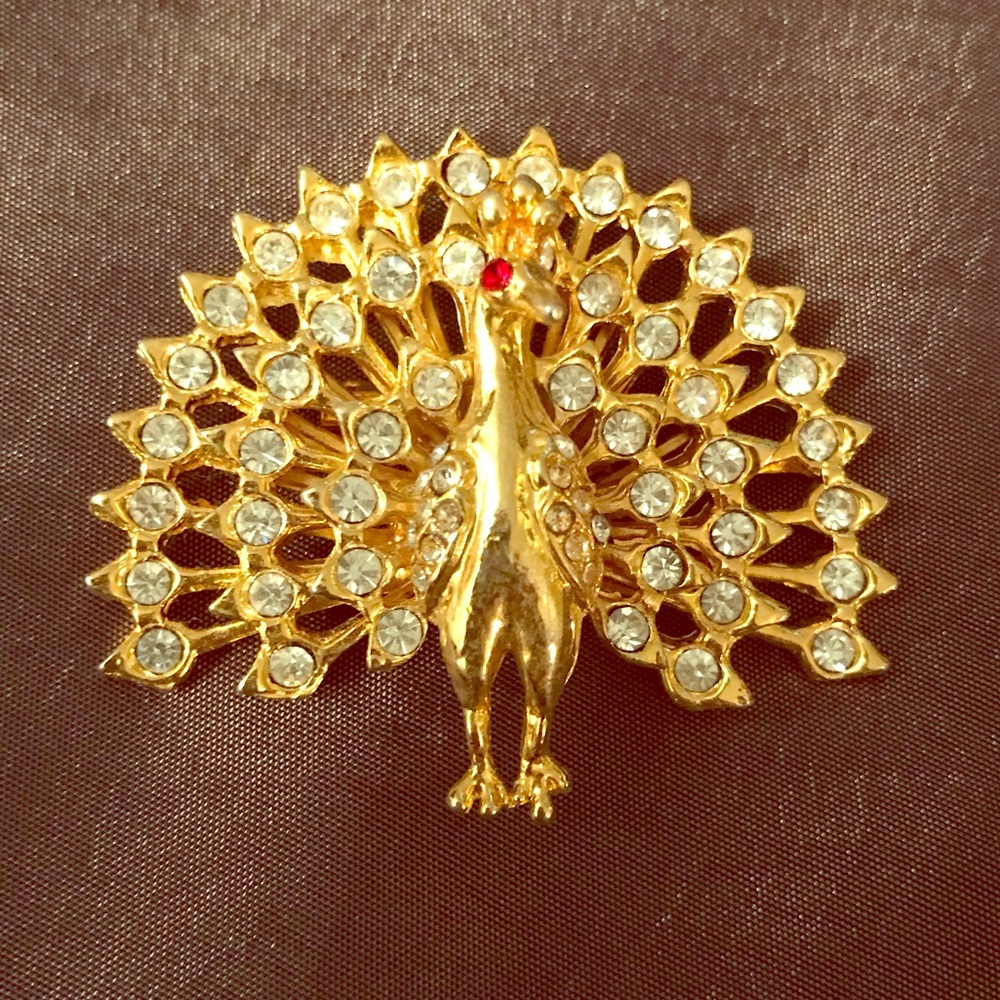 Gold Peacock Brooch Pin with Austrian Crystal